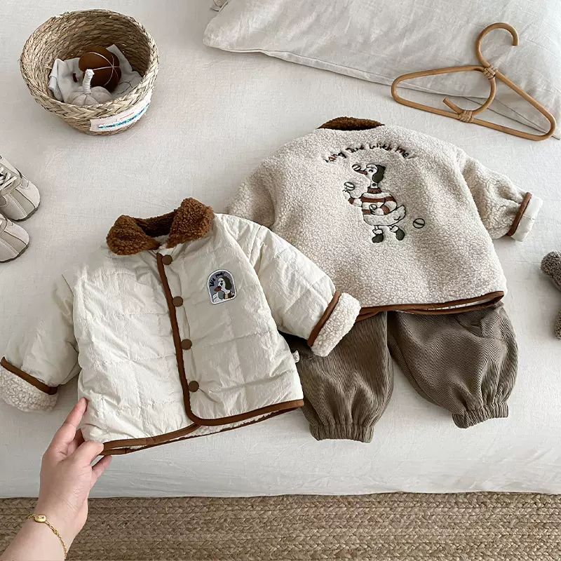 儿童双面穿外套0-5岁冬季男童时尚加绒毛毛衣宝宝洋气颗粒绒棉服