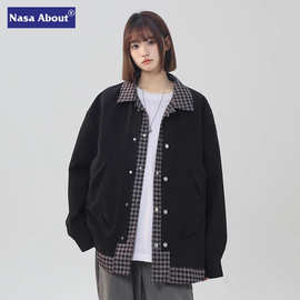 NASA假两件翻领格子夹克男2025年春秋季拼接痞帅设计感大码外套女