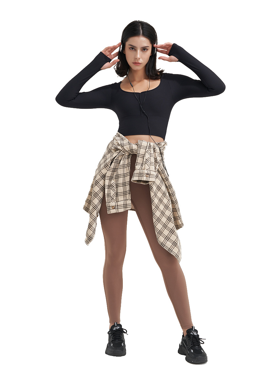 Otoño e Invierno nueva Copa fija ropa de Yoga de manga larga hilo Deportivo Superior de las mujeres gran U-cuello apretado cinturón Finger Set ropa de fitness