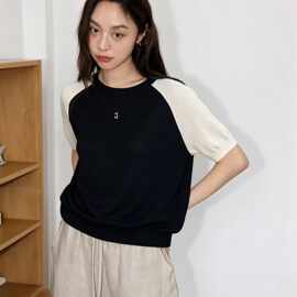 南油高端外贸气质新款小香logo刺绣撞色针织短袖t恤上衣精品女装