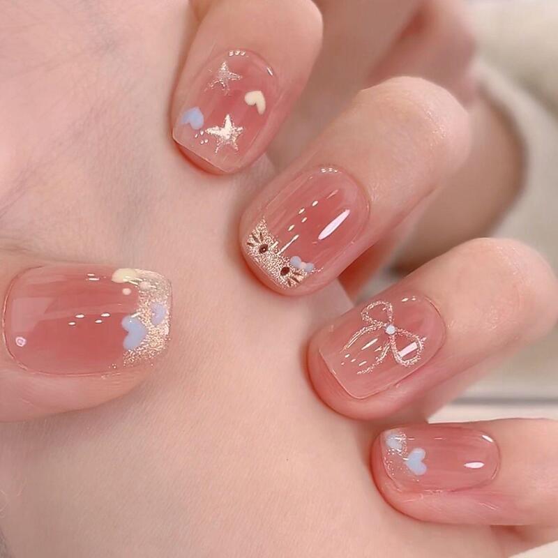 Blush Gradient Kt Leopard Print Flash Wearable Nails Short Style Whitening Student Manicure Spring and Summer Cute Cartoon Star Nails