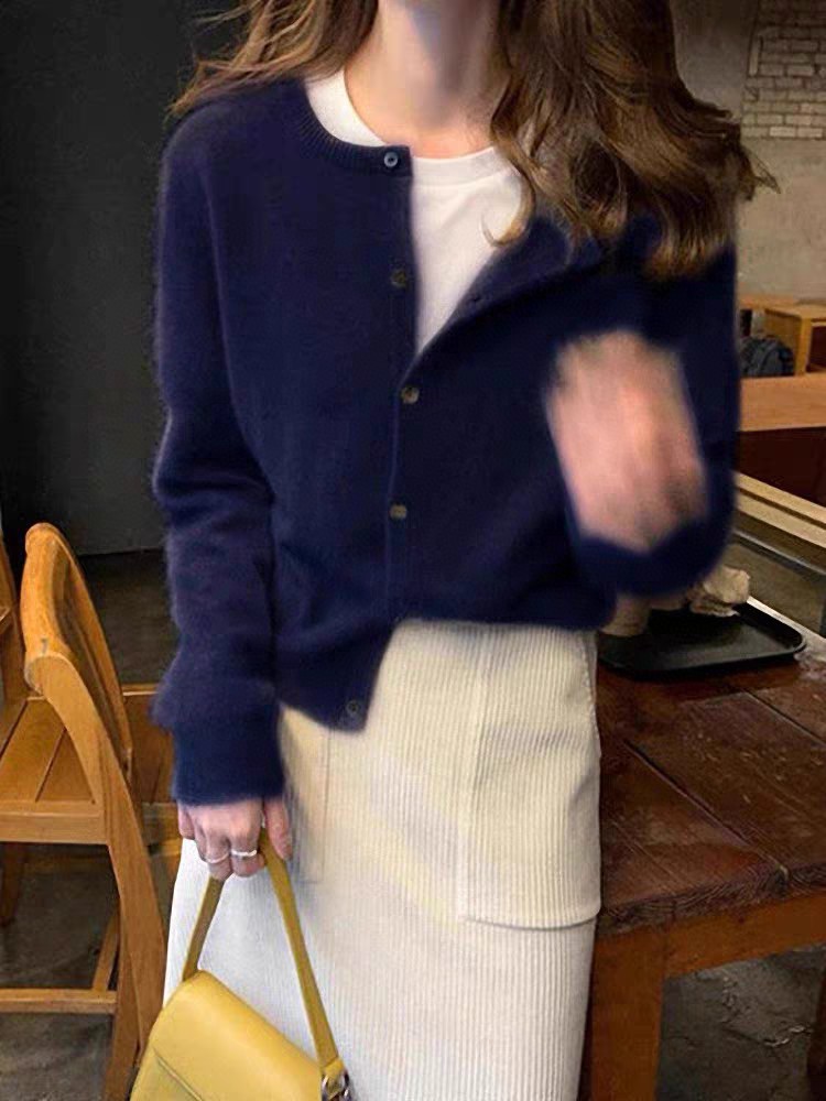 100純ウールカーディガン女性丸首ウールニットジャケットゆるい底付きセーターの外に痩せた上着を重ねて着る