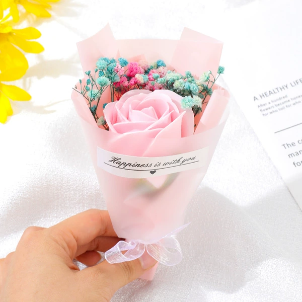 Pink rose soap flower+pink blue full+pink paper+fog transparent paper