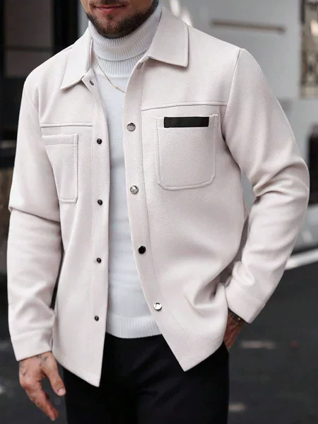 Men's Solid Color Lapel Jacket Casual Fashion Warm Button-Up Cardigan Trendy Men's Outerwear