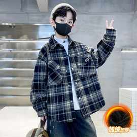 男童加绒衬衫外套一体绒秋冬款2023新款中大童加厚毛呢格子外套潮