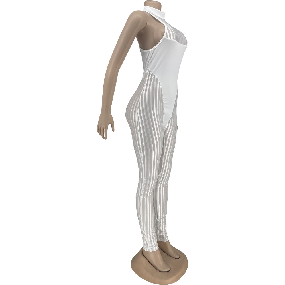 Women Clothing Sexy Mesh Stripes Stitching Women Jumpsuit