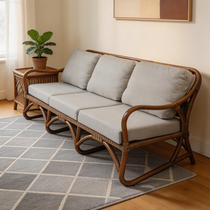 Rattan Sofa Three-Seater Wabi-Sabi Style Designer Single-Seater Living Room Southeast Asian Homestay Hotel Indoor Rattan Sofa