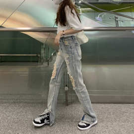 春夏辣妹破洞直筒牛仔裤女美式高腰开叉裤高街欧美hiphop炸街潮
