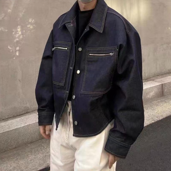 Spring and Autumn Colorfast Eco-Friendly Dyed Original Color Washed Denim Jacket Men's Color-Blocking Topstitch Loose Coat Trendy Pants