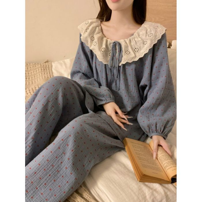 春秋天新款睡衣女长袖宽松慵懒云朵棉家居服花边学生甜美套装跨境|undefined