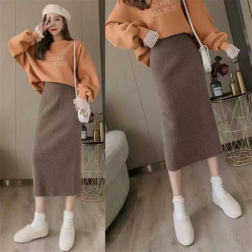 Long autumn and winter knitted half-body long skirt with high waist straight tube skirt, versatile long slimming sweater skirt 