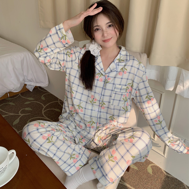 El comercio exterior de primavera y otoño pijamas algodón para las mujeres ins lindo dibujos animados solapa cardigan suelta delgada vestir prendas exteriores homewear