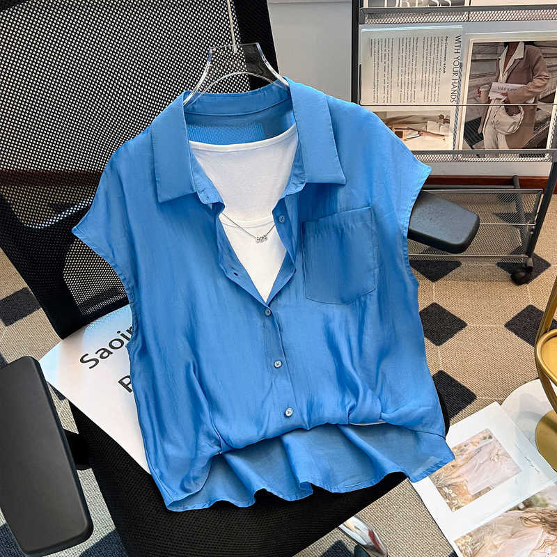 Patchwork Vest Fake Two-Piece Blue Sleeveless Shirt with Short Front and Long Back for Women, 2026 Summer New Design, Unique Top