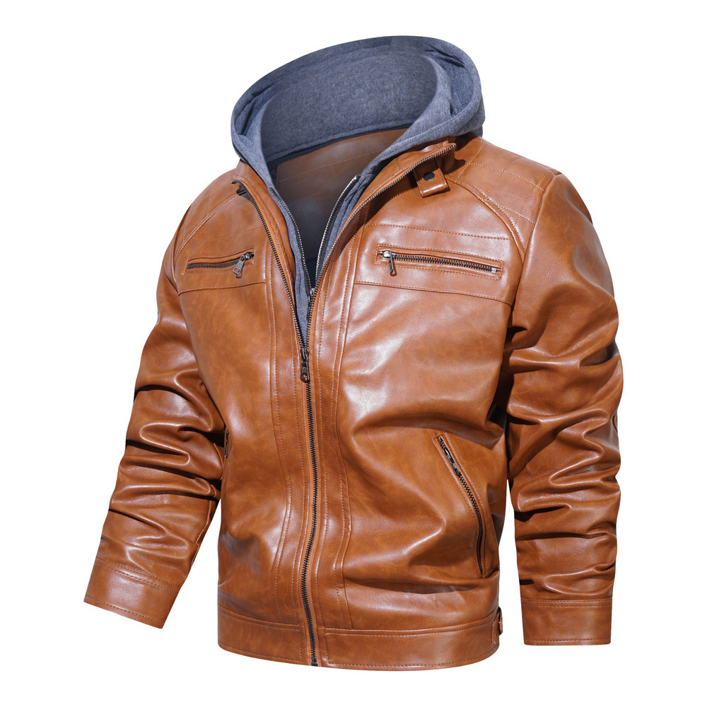 Men's hooded plus size wind-driven motorcycle leather jacket, autumn and winter fashion trend_voghion.com