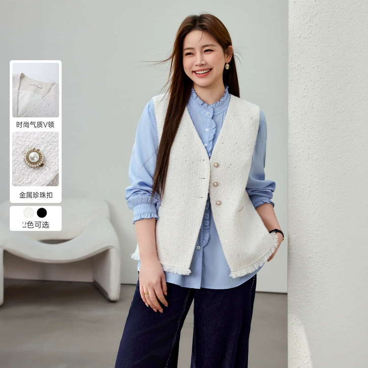 [Модная текстура блесток темперамент V-образный дикий жилет] Funny Show большой размер женский толстый mm2025 весенний новый