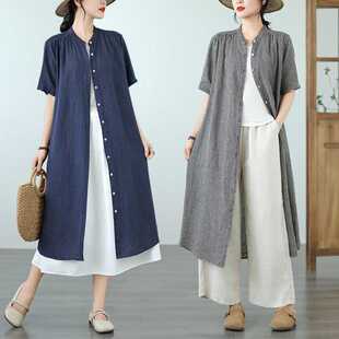 Real Shot in Stock Washed Linen Black and White Navy Plaid Literary Retro Short-Sleeved Dress Skirt Shirt Skirt