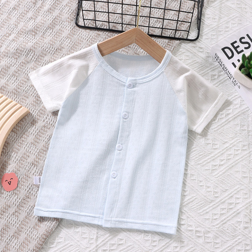 Children's Summer Short Sleeve Open Front Top for Boys and Girls, Thin T-shirt for Infants and Toddlers, Air-conditioned Room Single Sleepwear for 1-5 Years Old