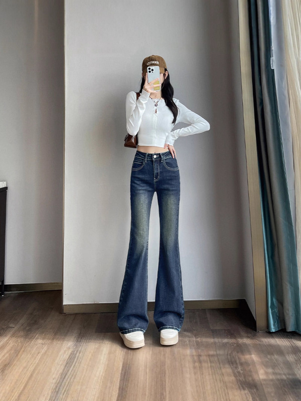 美式复古微喇牛仔裤女秋季2025新款高腰遮肉弹力显瘦马蹄喇叭裤子|undefined