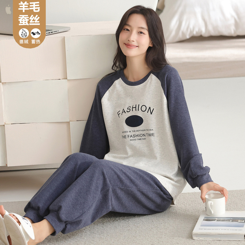 Autumn and Winter Women's Pajamas, Silk Wool Thermal Thickened Long-Sleeve Pullover Cartoon Loungewear for Live Streaming