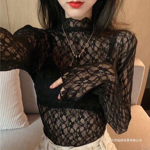 Lace bottoming shirt for women, long-sleeved, new spring/autumn/winter style, mesh, plus size, slim-fit, stretchy, sheer gauze top.