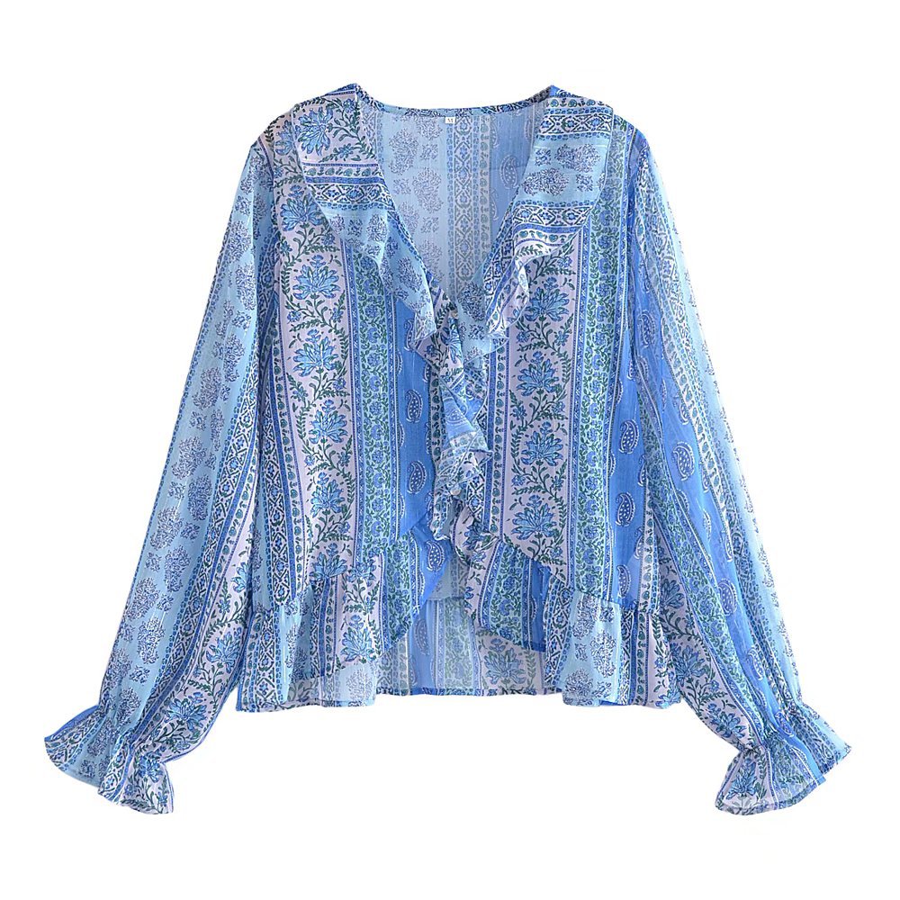 print long sleeve ruffle v neck top NSAM129013