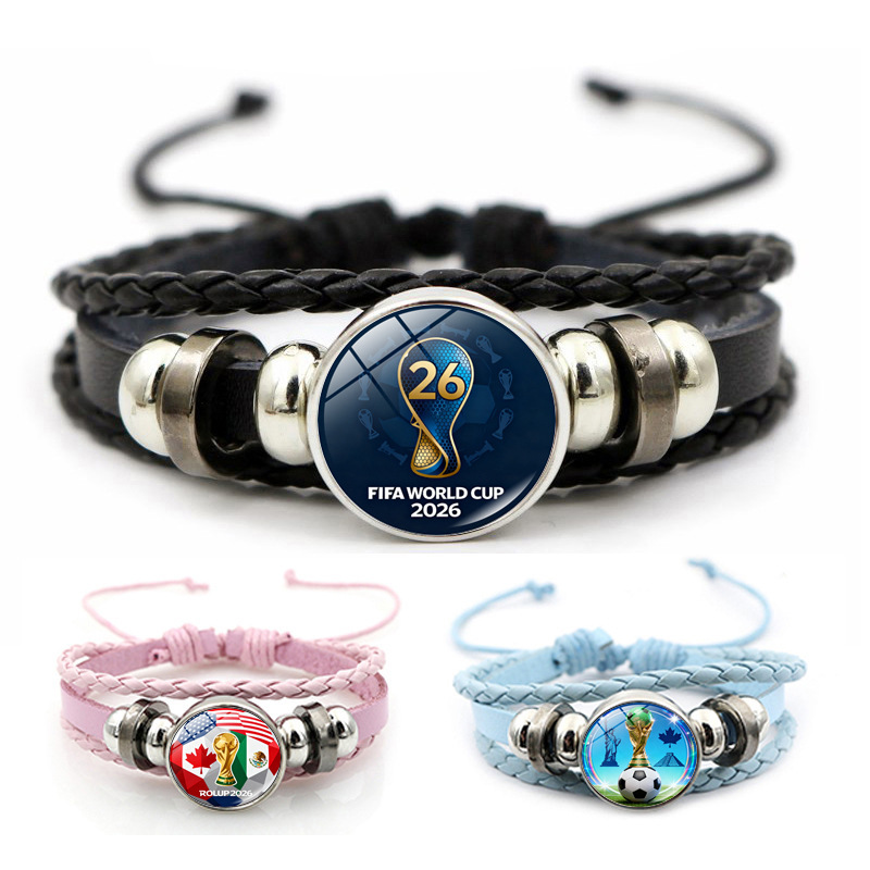 2026 Usa-Mexico-Canada World Cup Emblem Snap Bracelet Retro Multi-Layer Braided Pu Leather Bracelet Fan Souvenir