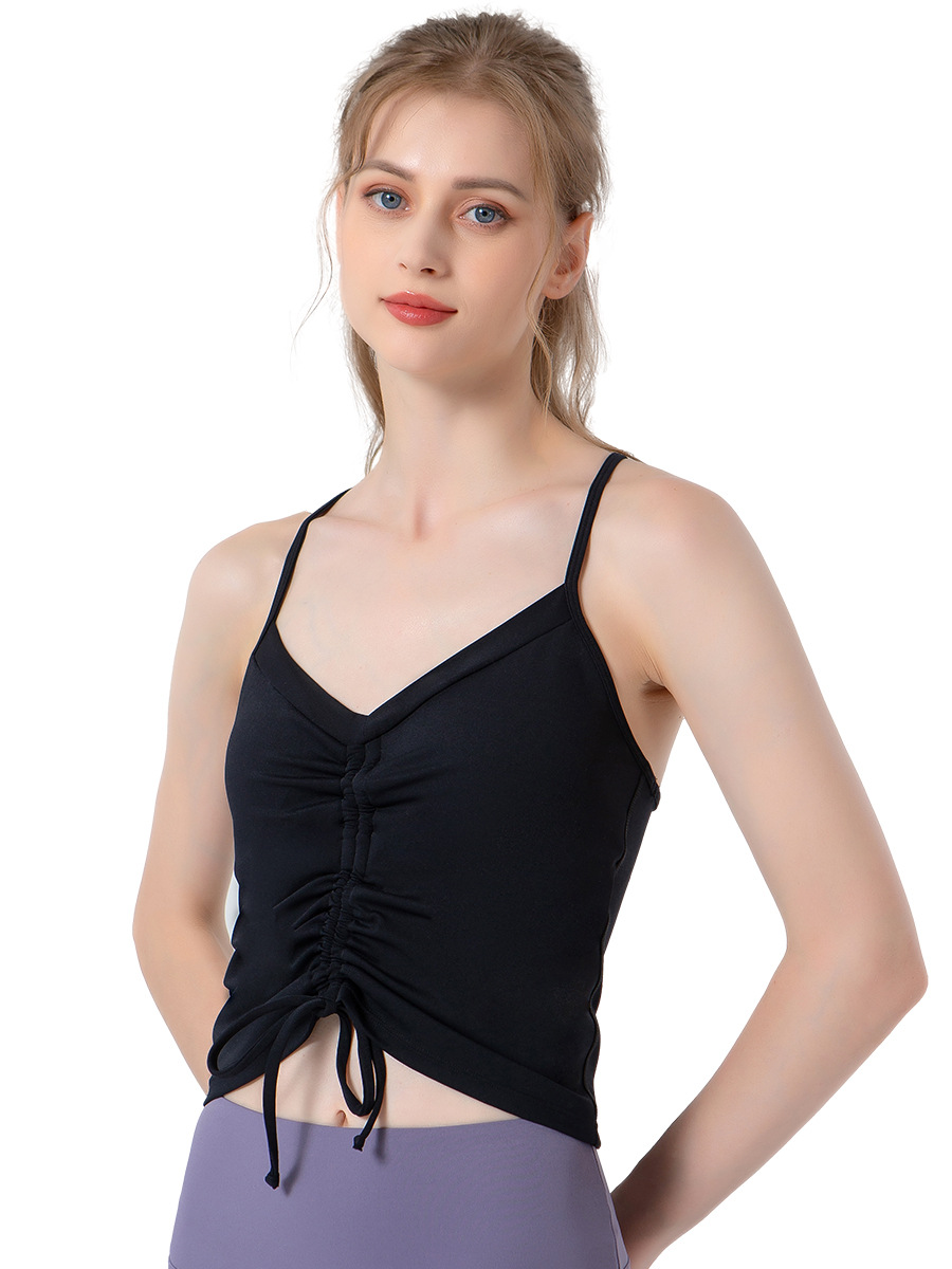 Nuevo top de yoga con tirantes y lazo para otoño e invierno, top de yoga ajustado y adelgazante con almohadillas en el pecho, camisola deportiva
