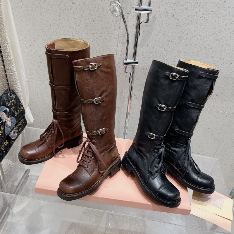 A Miu2024 Autumn and Winter Washed Leather Retro Color Polished Fleece-Lined Mid-High Belt Buckle Cowhide Knight Boots for Women