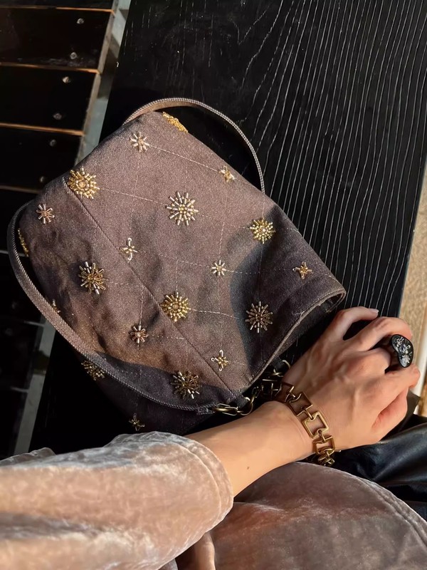 2025 新ビーズ刺繍バケットバッグ大容量デニムショルダーバッグ新中国風のファッション多用途クロスボディバッグ|undefined