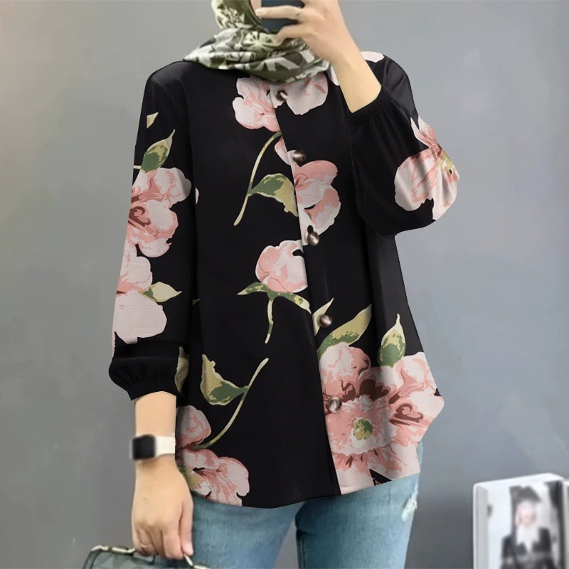 Кросс-бордерная женская мусульманская рубашка с цветочным принтом Amazon Ближний Восток Малайзия 2024, модные пышные рукава, оптовая партия от производителя
