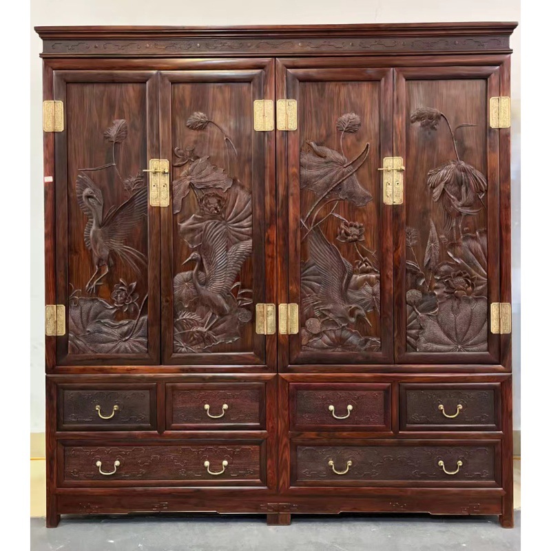 Laos Rosewood Cochin Rosewood Deep Carved Flowers and Birds Large Wardrobe Bedroom Storage Cabinet Coat Cabinet