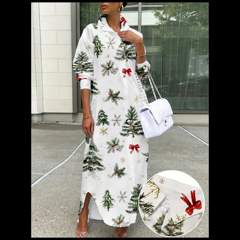 2025 European and American Independent Station Large Size Long-Sleeved Shirt Dress Christmas Series Casual Loose Women's Dress Shirt