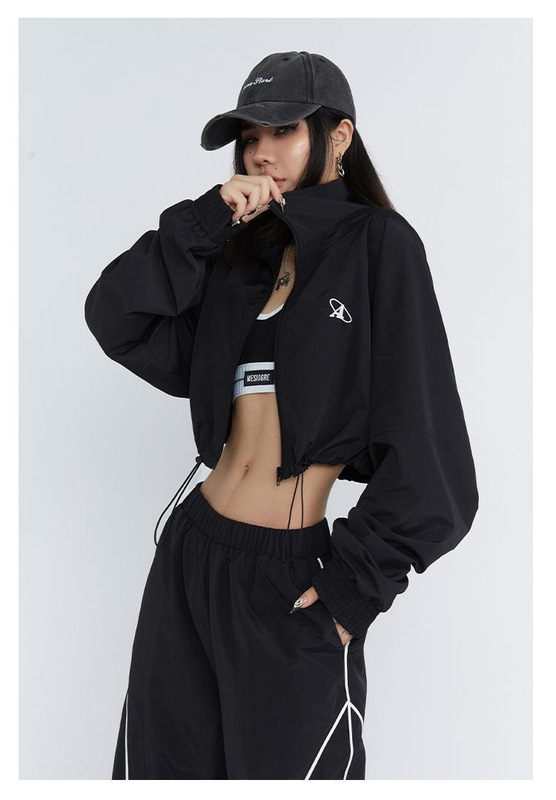 美式薄款爵士舞辣妹外穿收腰速干女宽松立领运动夹克短款开衫上衣|undefined