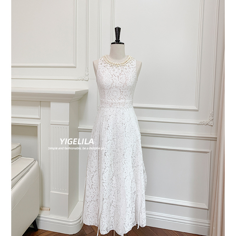 Yige Lila Lace Pearl Collar High Waist Mid-Length Dress for Women 67437