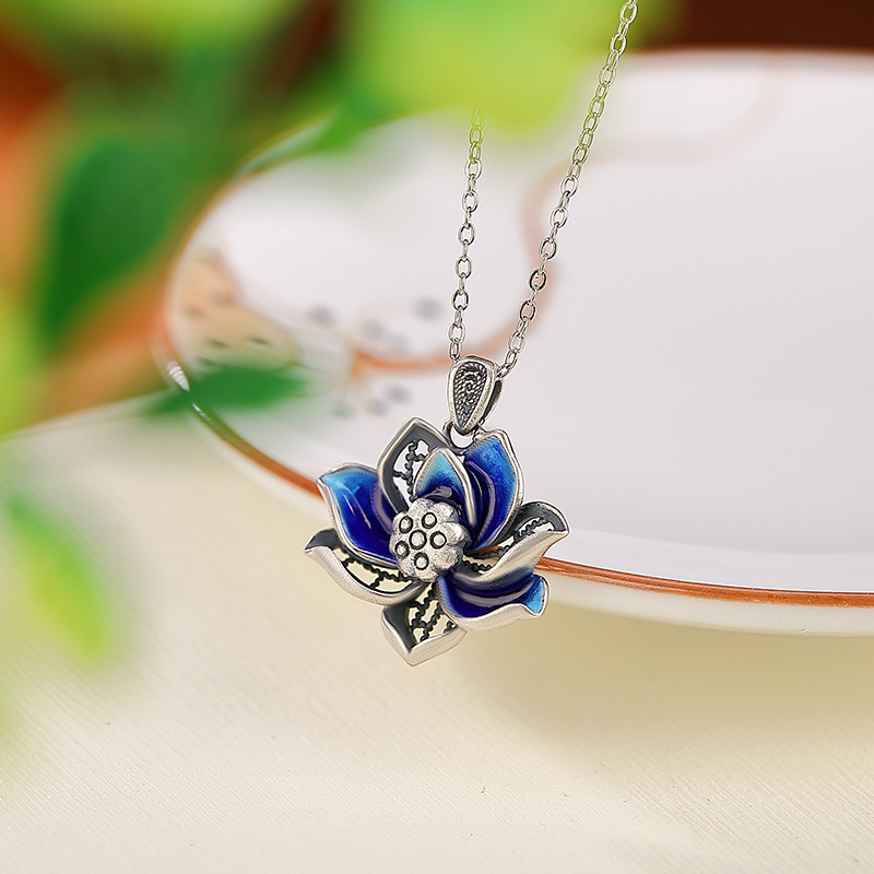 Mặt dây chuyền bạc S999 hình hoa sen rỗng, phong cách dân tộc cổ điển — Mặt Dây chuyền đơn (không có dây chuyền)