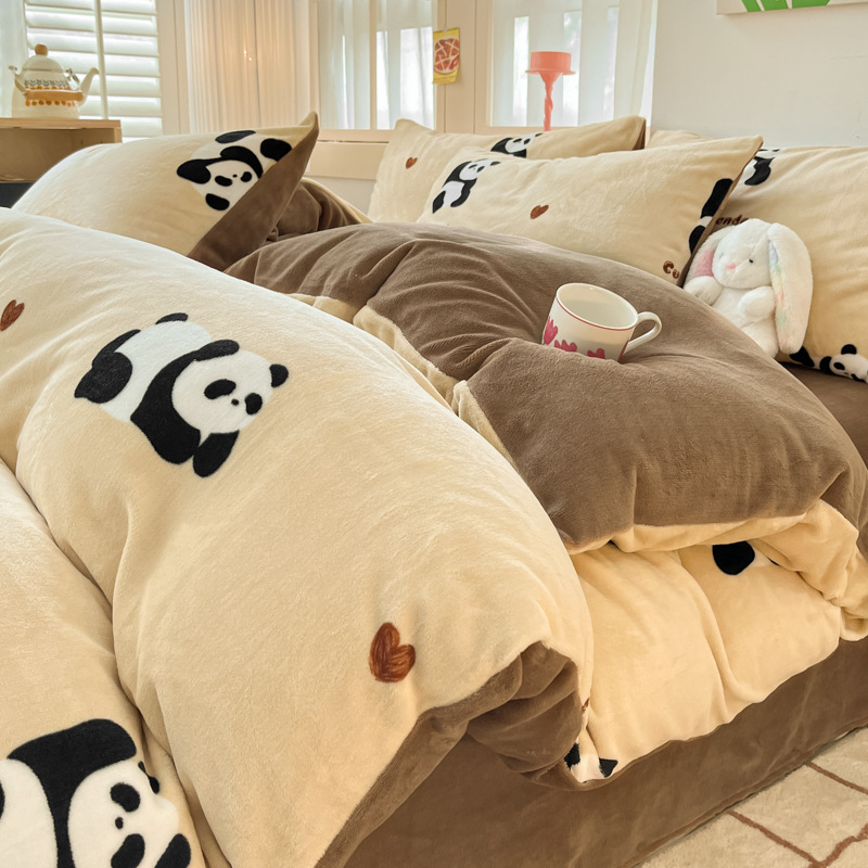 Juego de cuatro piezas de lana de leche de invierno, cama gruesa, sábana de otoño e invierno más funda de edredón de terciopelo, sábana de dormitorio de terciopelo de coral, juego de tres piezas