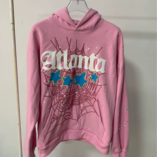 Sp5der Atlanta Hoodie粉色亚特兰大蜘蛛网发泡印花连帽卫衣美式
