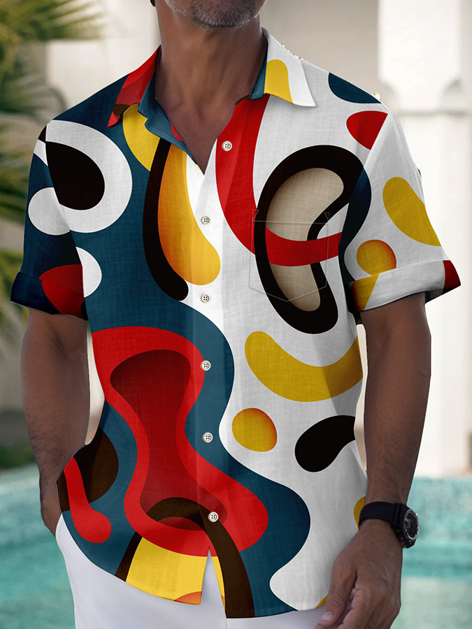 2025 nuevo estilo comercio exterior transfronterizo elemento creativo camisa 3D impresión digital tendencia suelta camisa de manga corta top de hombre