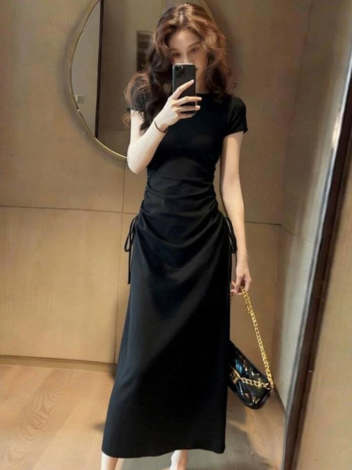 Đầm liền thân tay ngắn cổ polo dáng chữ A chiết eo tôn dáng — Xám đậm [Phiên bản nâng cấp cao cấp], Đen [Phiên bản nâng cấp cao cấp] chi tiết 24