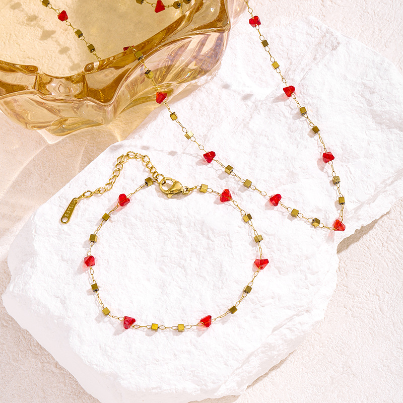 European and American Cross-Border Fashion High-End Stainless Steel Inlaid Red Heart Zircon Necklace Set Niche Creative Jewelry for Women