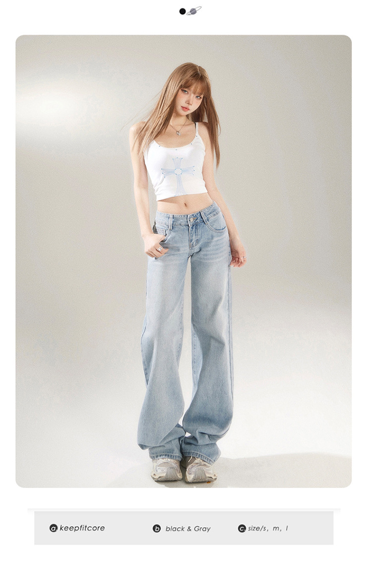 American retro low-waisted spicy girl loose wide-leg pants versatile spring and summer straight-leg jeans for women & long pants pic 2