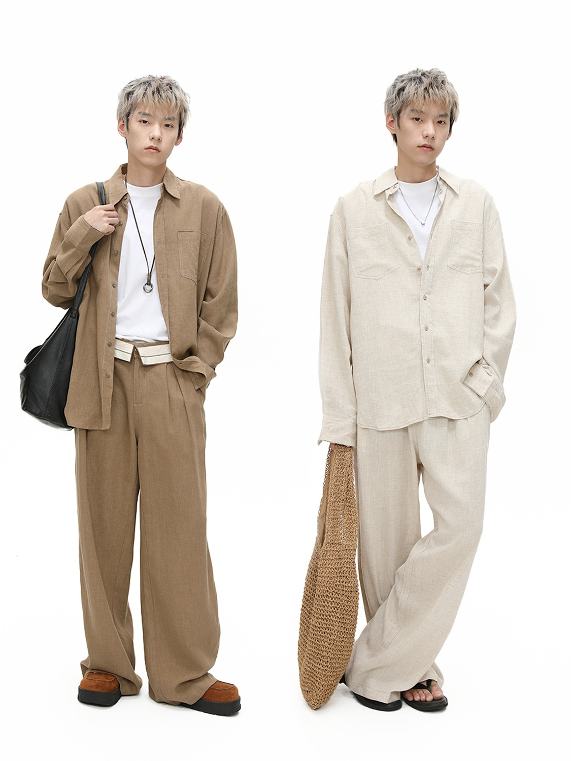 MTLCLOTHES Hombres| Coreano minimalista básico camisa de ramie de color sólido pantalones casuales con traje de viaje universal