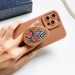 手機氣囊支架復古編織桌面懶人支撐氣墊藤編可伸縮創意小眾指環扣