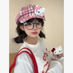 日系古早可爱Kitty格纹八角帽女显脸小贝雷帽甜美百搭辣妹贝雷帽