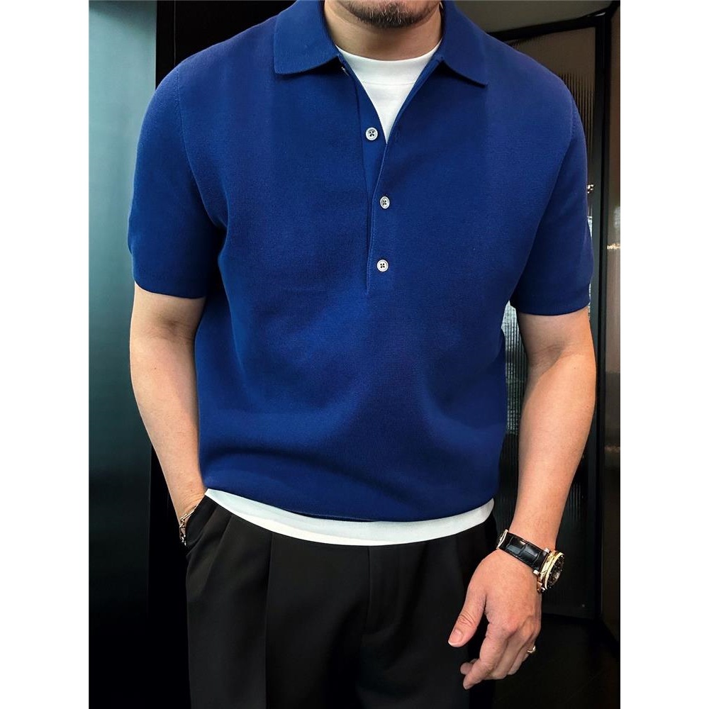 Summer Luxury Simple Business Style Men's Spring/Summer Wavy Pattern Knitted Short-Sleeve Polo T-Shirt