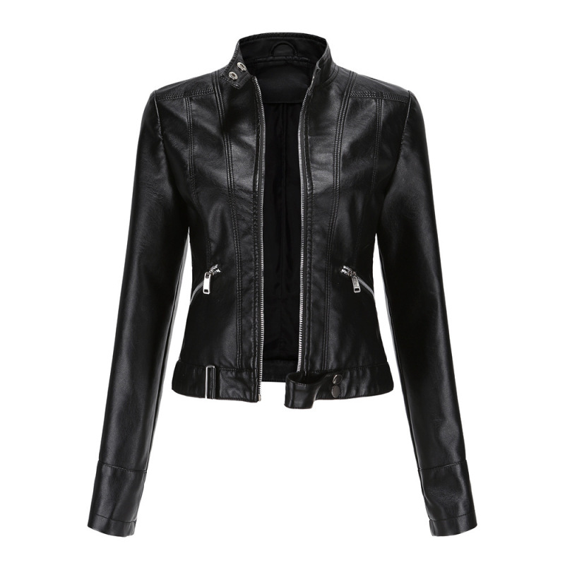Wish Motorcycle Leather Jacket for Women, Spring and Autumn Stand Collar Jacket, Slim Fit Casual American Retro Thin Coat