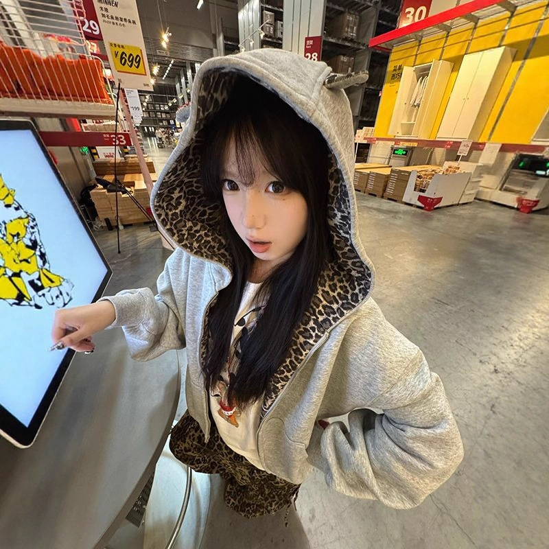 American High Street Style Little Devil Leopard Print Hooded Sweatshirt for Women, Spring and Autumn 2026 New Model, Lazy Style Short Cardigan Jacket