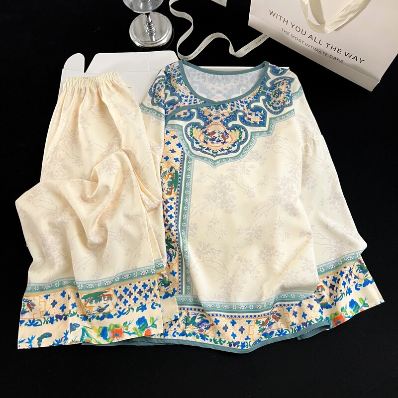 New Chinese-Style Palace-Style Pajamas, National-Style Women's Spring and Summer Elegant New Retro Nine-Quarter Sleeve Long Pants Home Wear Set New Chinese-Style Palace-Style Pajamas, National-Style Women's Spring and Summer Elegant New Retro Nine-Quarter Sleeve Long Pants Home Wear Set