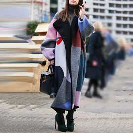 欧美秋冬2026独立站亚马逊欧美时尚拼色翻领数码印花大衣外套女装