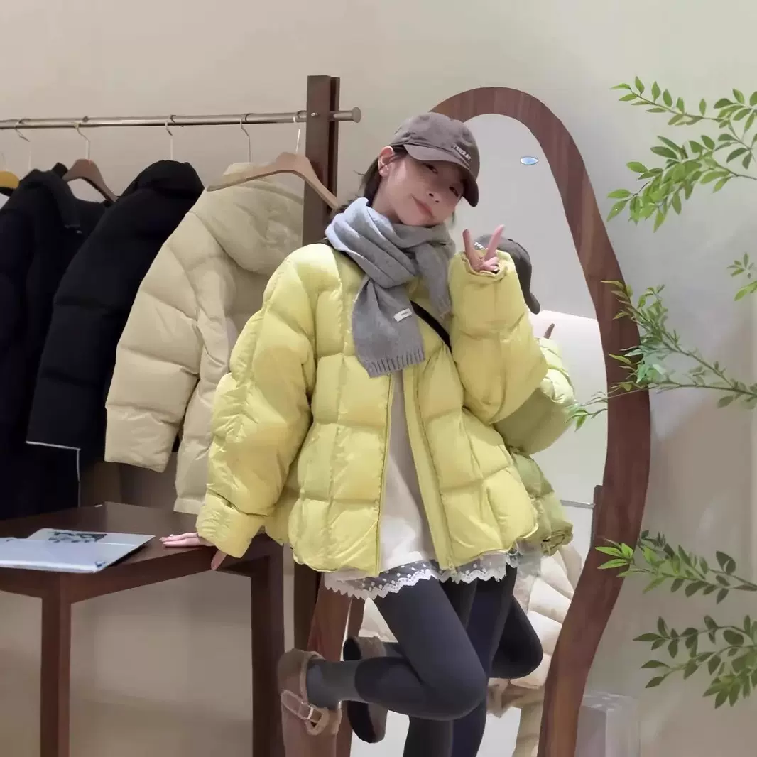 韩版羽绒服女2024冬季新款圆领纯色压线方格休闲百搭白鸭绒外套潮